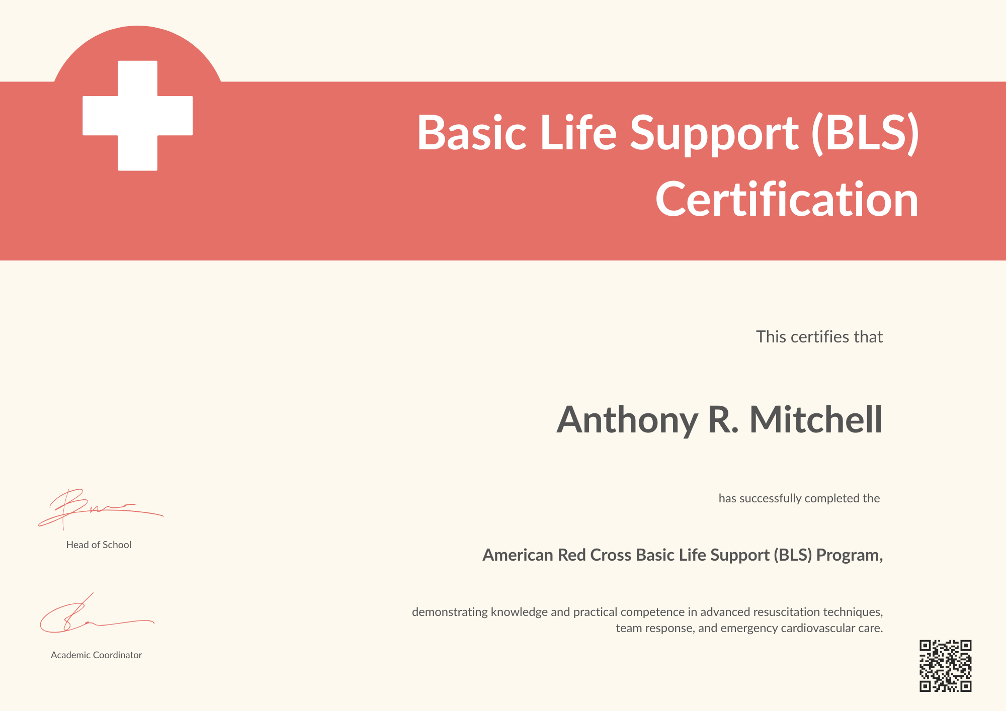 Red Cross Certificate Template for Basic Life Support (BLS) Certification